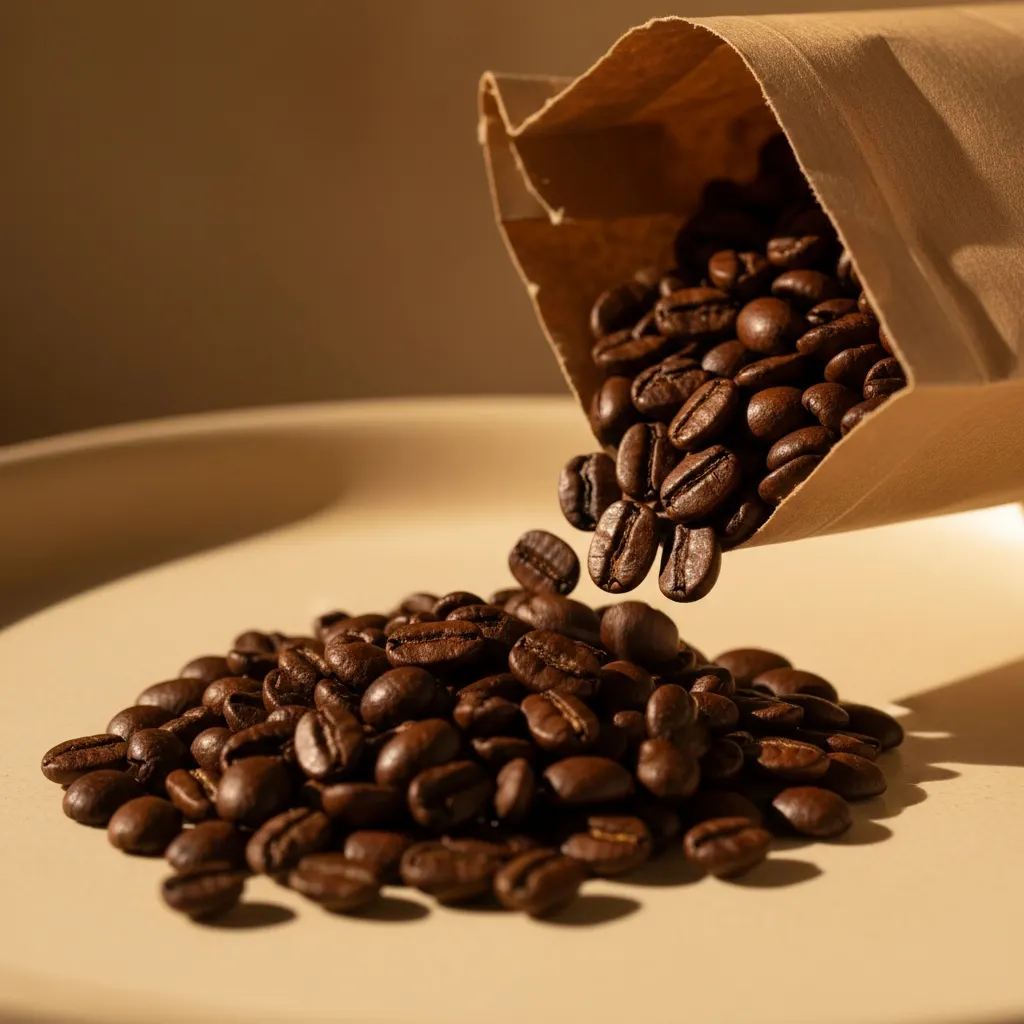 Freshly roasted coffee beans pouring from the cooling tray
