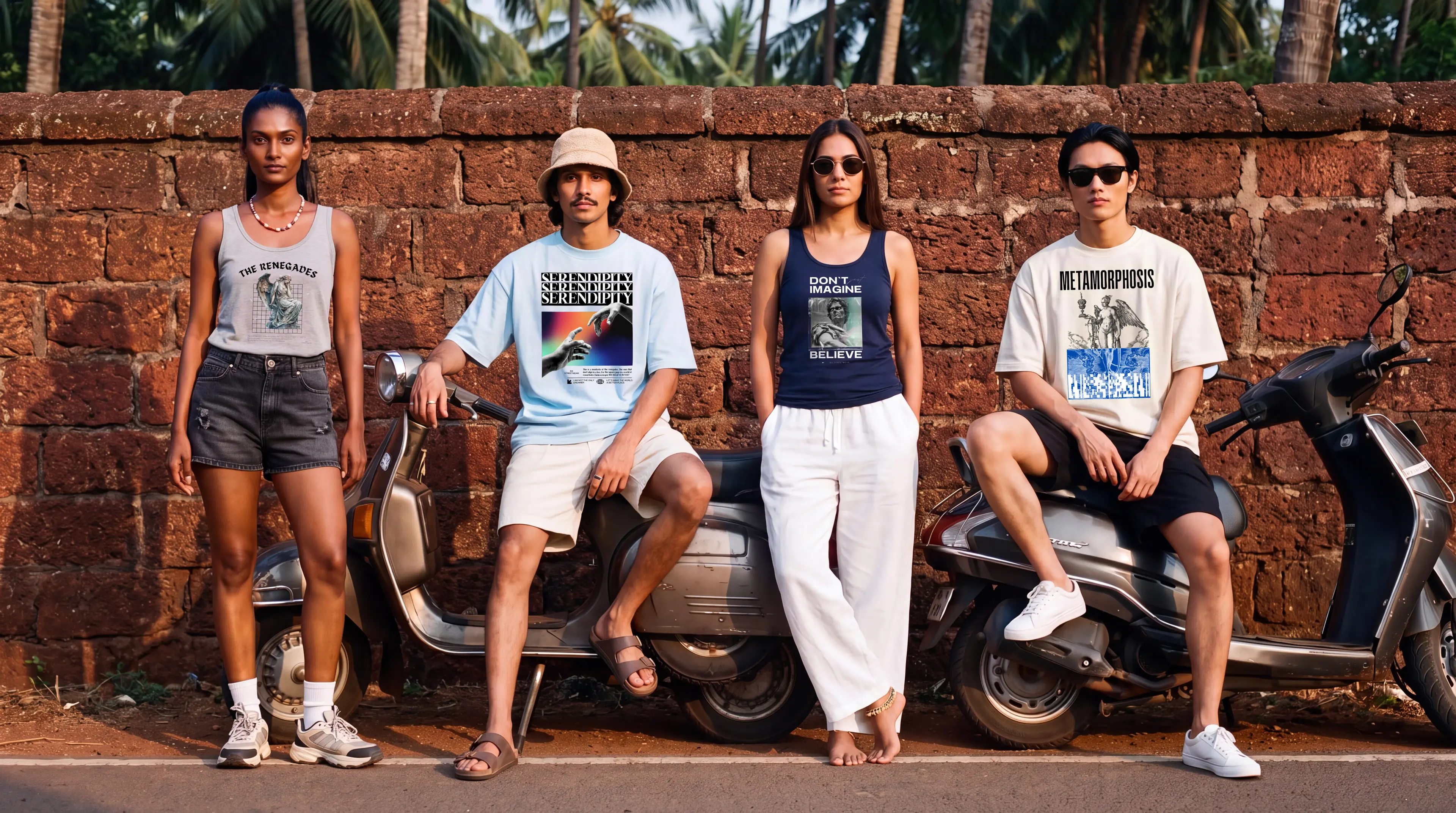 Four friends in Bean Brew tees and tanks with their scooters against a laterite wall in Goa