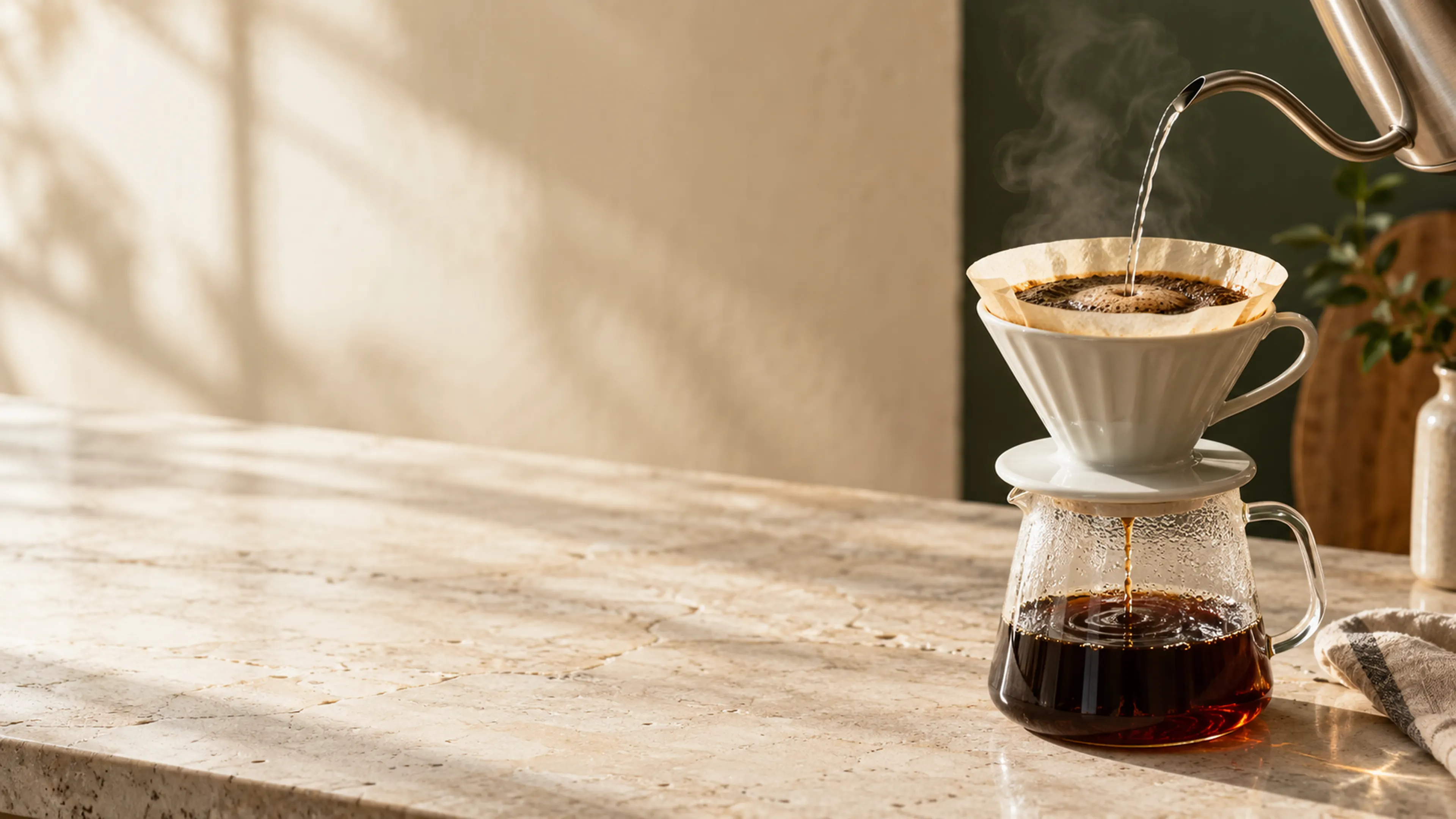 Pour-over coffee dripping into a glass server on a sunlit stone counter