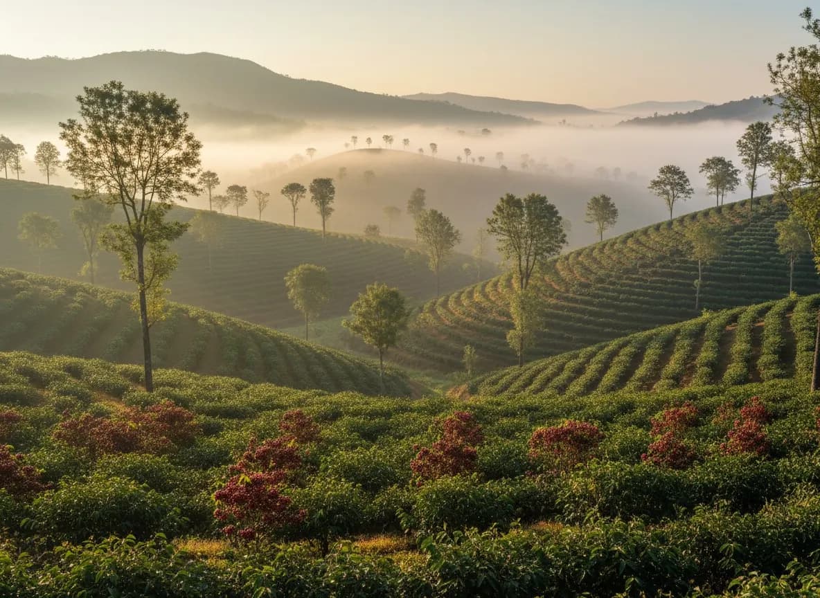 Coffee terraces on a Chikmagalur hillside at dawn