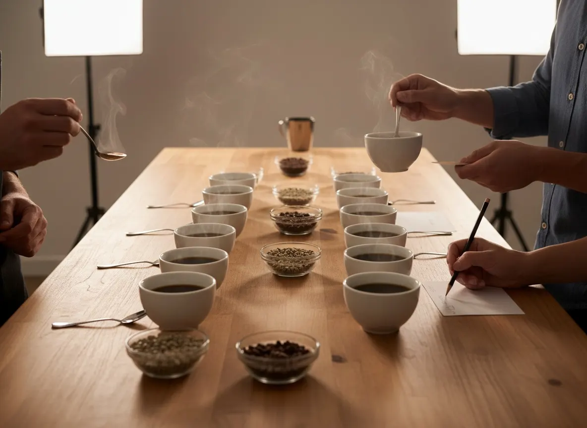 A cupping table set for tasting