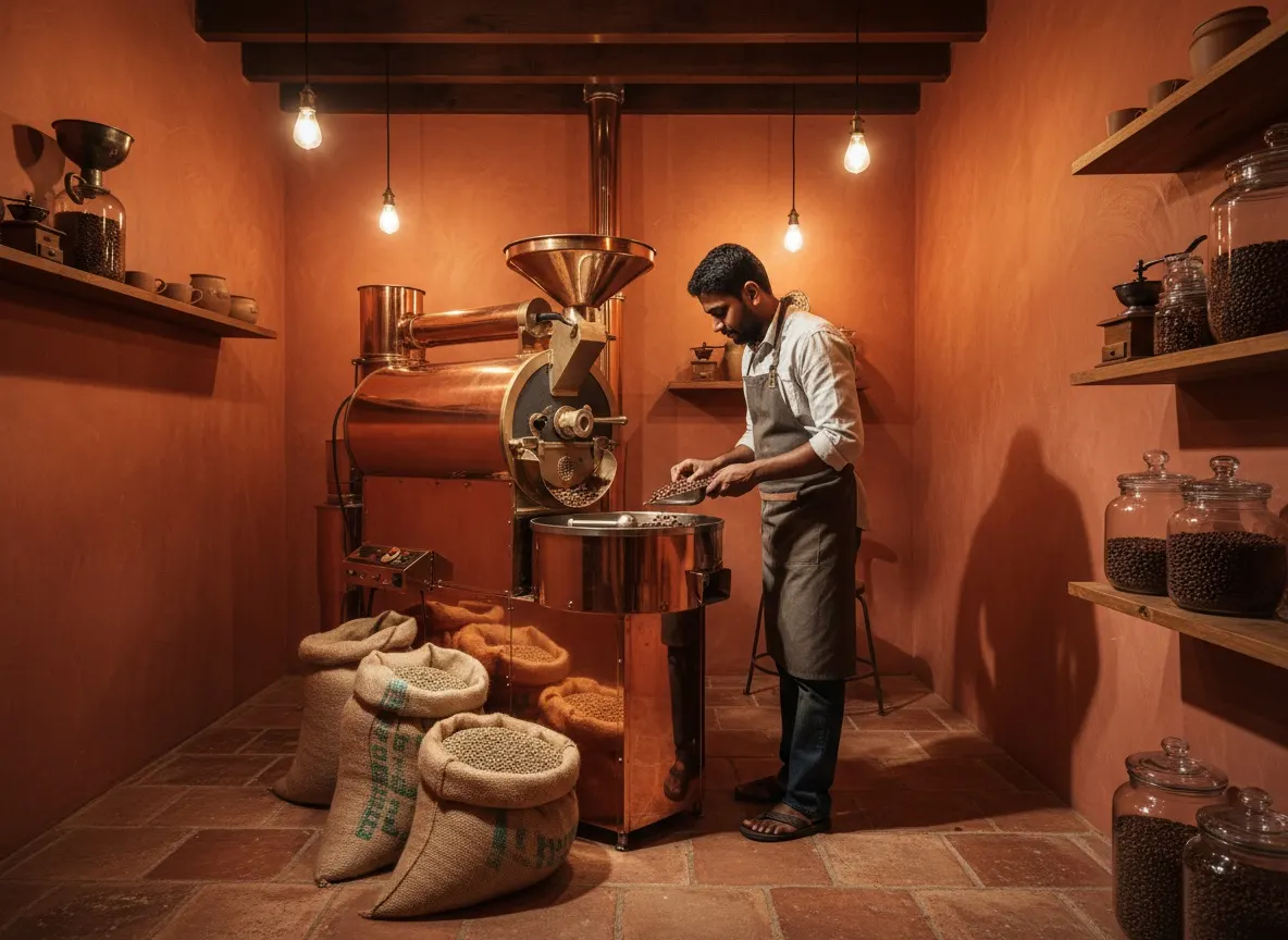 The Bean Brew & Beyond drum roaster at work