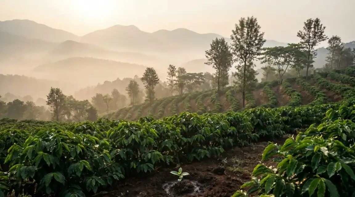 Coffee terraces in the Chikmagalur hills at dawn