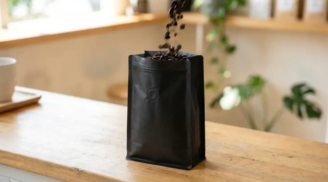 Roasted beans pouring into a black coffee bag