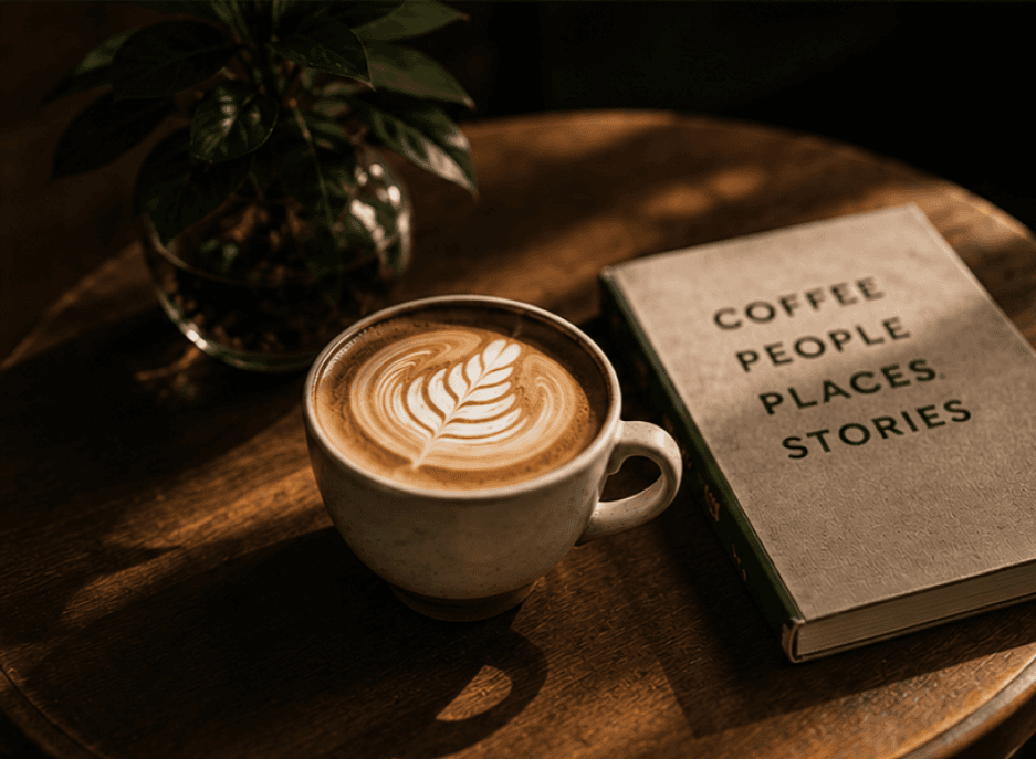 A latte with rosetta art beside a book titled Coffee, People, Places, Stories