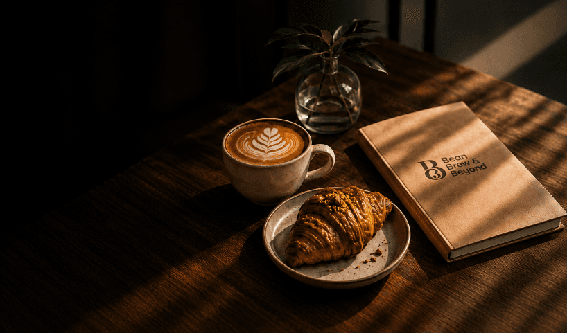 A latte with rosetta art, a croissant, and the Bean Brew & Beyond menu on a sunlit wooden table