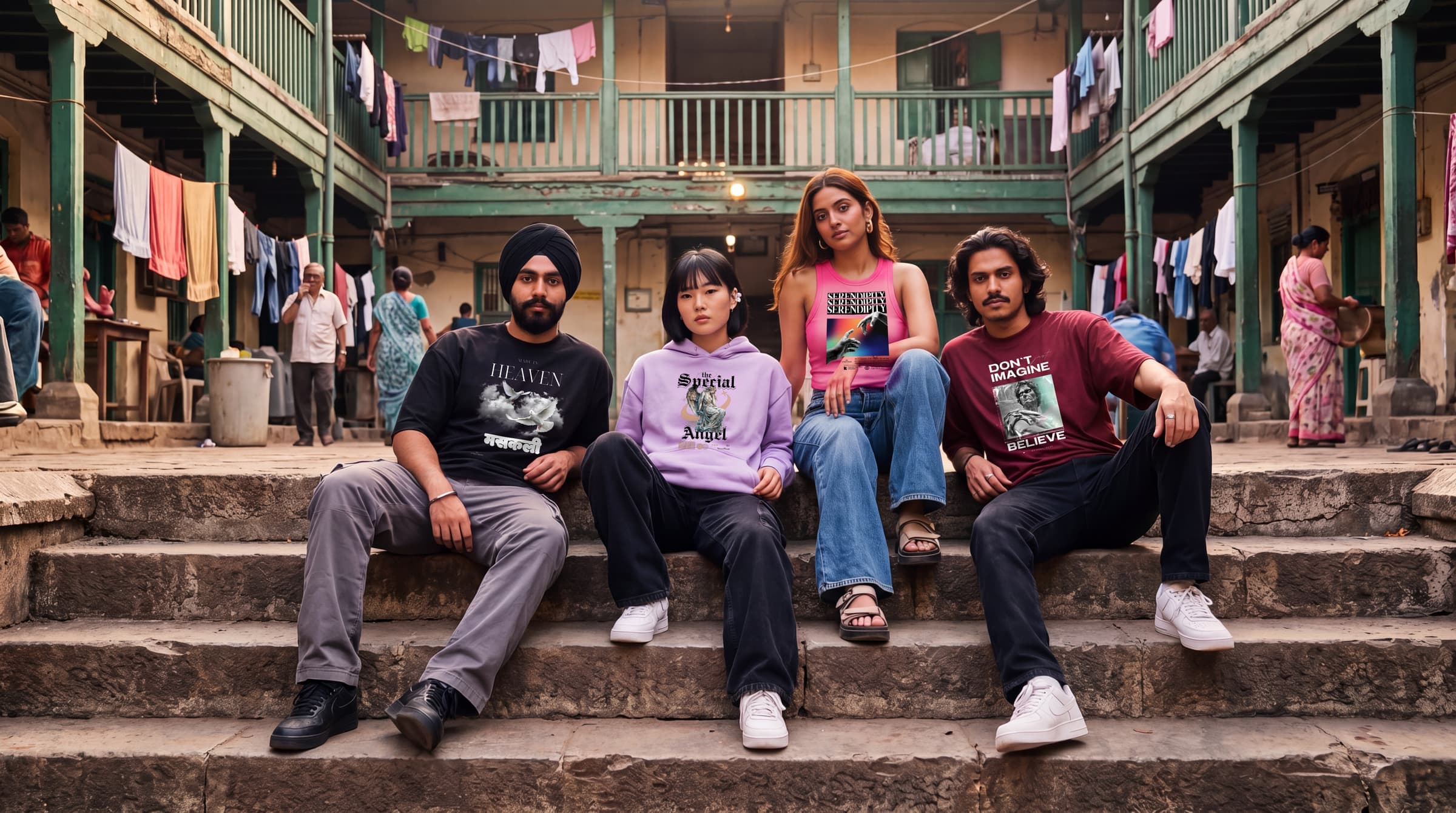 Four friends on the stone steps of a Mumbai chawl courtyard wearing Bean Brew merch: Made in Heaven, The Special Angel, Serendipity and Don't Just Imagine, Believe
