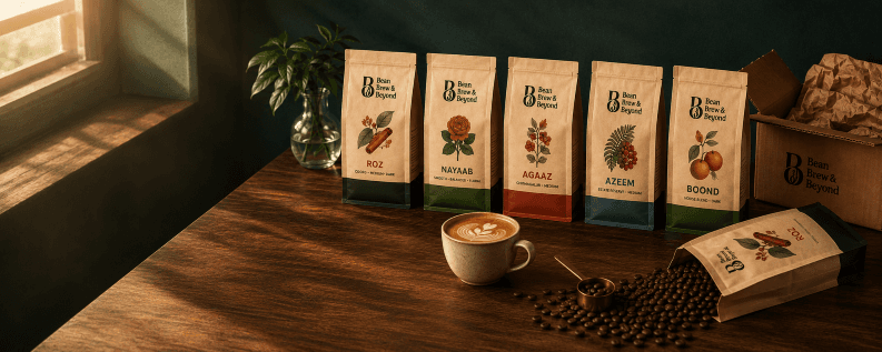 Freshly roasted coffee on a sunlit wooden table